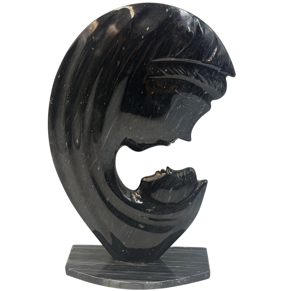 Modernist Carved Black Stone Mother Madonna & Child Sculpture Abstract Figurine